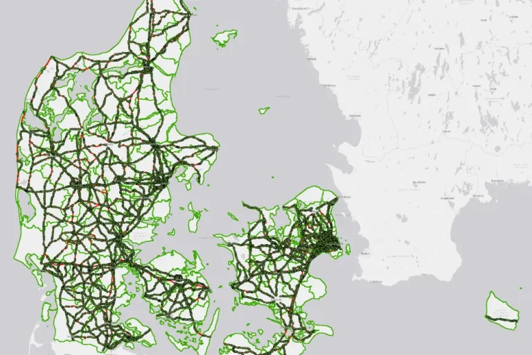 Kort over Danmark med veje omfattet af de nye klimabaserede vejafgifter for lastbiler